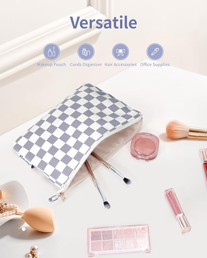 Narwey Small Checkered Makeup Bag for Purse Small Cosmetic Bag Women Travel Makeup Pouch Zipper Pouch (Grayish Blue Checkerboard)