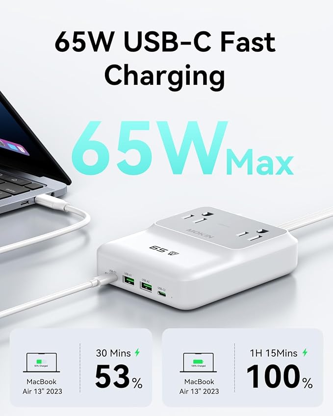 Charging Station 65W Max, 6-in-1 USBC Power Strip with Flat Plug and 5ft Thin Undetachable Extension Cord,2 AC,2 USB-A,2 USB-C,Fast Charging Desktop Charger for iPhone 17/16, MacBook, Home and Office