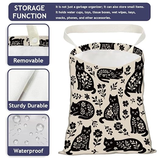 Bohemian Cat Car Trash Bag Floral Leaves Hanging Garbage Bag with Snap Buttons Car Back Seat Trash Storage Portable Dustbin Vehicle Trash Can Bag for Vehicle Accessories Travel Camping