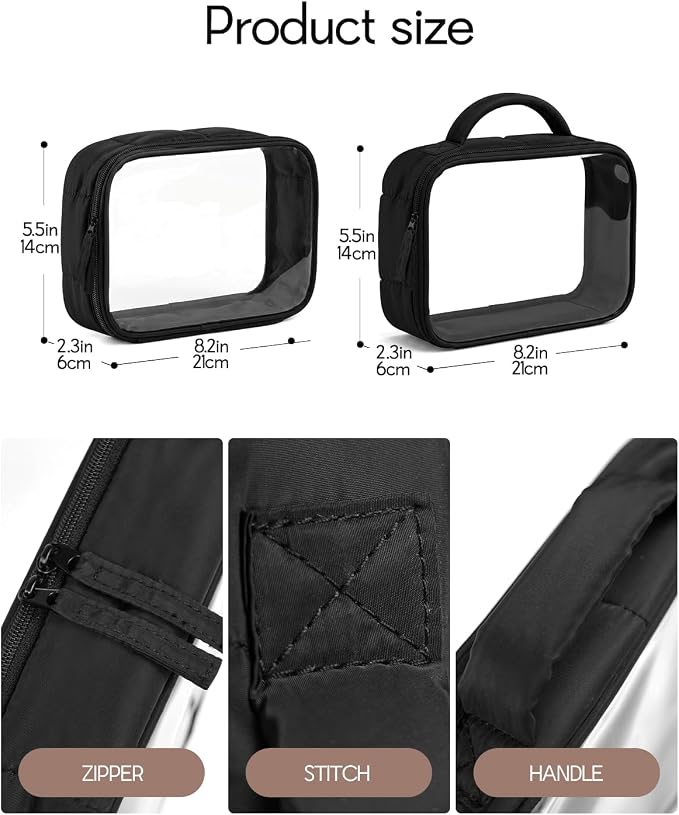 Moyad TSA Approved Clear Toiletry Bag, Quart Size 3-1-1 Liquids Pouch with Smooth Zipper, Wide Opening Transparent Makeup Organizer for Carry On Travel, Lightweight for Women Men (Black-3pcs)