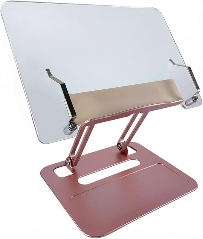 Adjustable Desktop Book Stand, Aluminum Reading Document Holder with Foldable Base, Book Holder, Foldable Desktop Riser for Laptop, Recipe, Textbook (Rose)