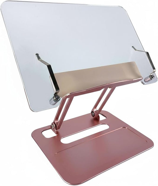 Adjustable Desktop Book Stand, Aluminum Reading Document Holder with Foldable Base, Book Holder, Foldable Desktop Riser for Laptop, Recipe, Textbook (Rose)