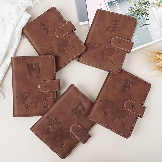 Passport Holder Wallet Cover Personalized Letter A-Z Travel Wallet RFID Blocking Passport Cover Wallet Case for Travel Passport Book Holders for Women and Men, Brown-J