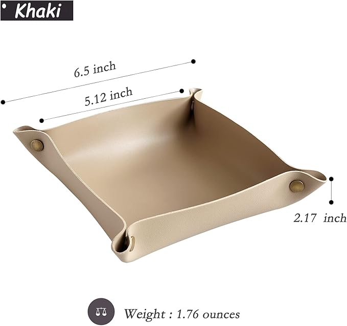 Leather Valet Tray, Small Catchall Tray, Desktop Storage Organizer, EDC Dump Tray for Key, Phone, Jewelry, Wallet, Coin, Watch (Khaki-S)