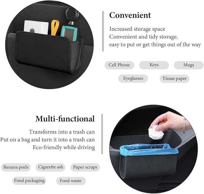 DXNQ Car Trash Can, Leather Foldable Hanging Trash Bag, Multi-Function Mini Storage Box Garbage Can for Car Back Seats and Side Door, Black