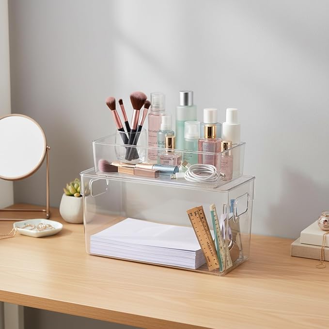 Clear PET Storage Box for Office Desk, Stackable Organizer Bin for A4 Documents and Supplies