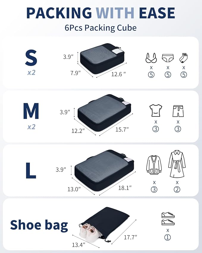 ECOHUB 6 Set Packing Cubes for Travel Durable Suitcase Organizer Bags Set with Personalized Tag Travel Essentials with Shoe Bag Traveling Accessories for Luggage Machine Washable, Navy Blue
