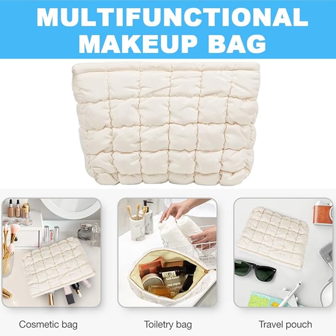 FITINI Makeup Bag Travel Large Portable Quilted Floral Print Cosmetic Organizer Cute Pouch for Women Soft Cotton Zipper Waterproof Toiletry Storage Bags