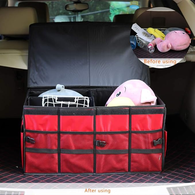 Car Trunk Organizer Collapsible Portable Multi Compartments Organizer with Non Slip Straps for SUV Truck Auto Vehicle Car Auto Minivan(Large covered, Red)