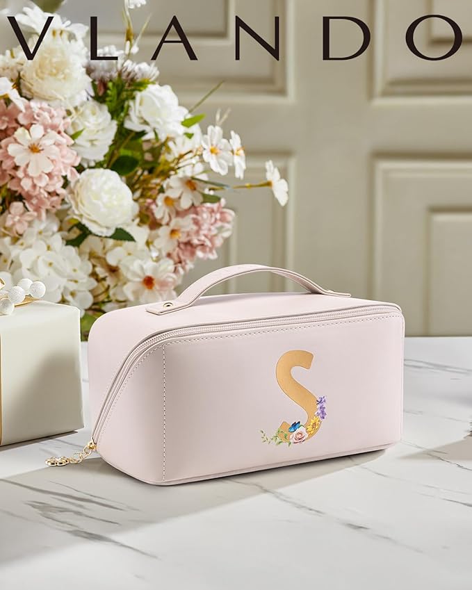 VLANDO Bridesmaid Gifts for Wedding Day,Makeup Travel Bag, Gift Ideas for Women,Traveler,Maid Of Honor Personalized Bachelorette Party Gifts Birthday Gifts for Women Female(Letter S)
