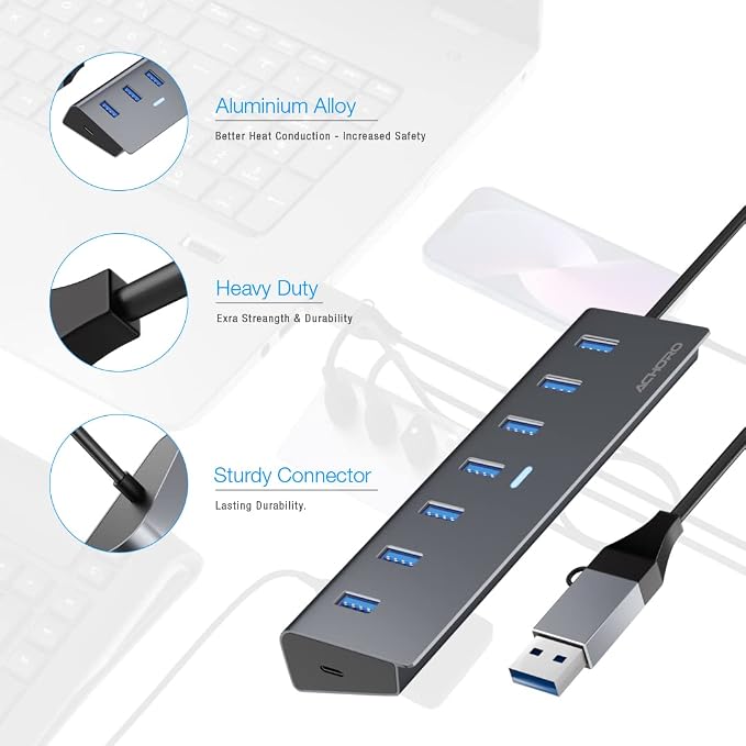 ACHORO USB Hub 3.0, 7-Port Expander with USB C Adapter, Aluminum Alloy for MacBook Pro, iMac, PC and Desktop