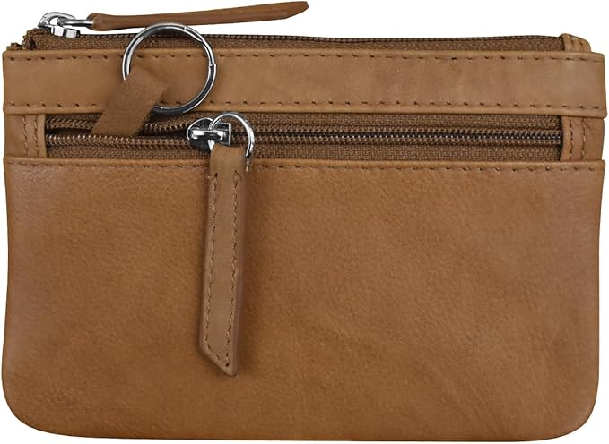 ili New York Mini Leather Coin Purse, Compact Genuine Leather Pouch with Key Ring & RFID Protection, Used for Coins, Keys and Cards, Ideal for Travel and Everyday Carry, Antique Saddle