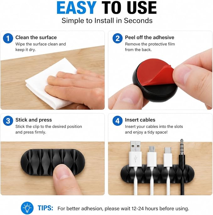 16-Pack Black Adhesive Cable Clips - Cord Organizer for Desk Wall Car, Strong Sticky Wire Management Holders for iPhone Charger USB Computer Cables, Tidy Cord Keeper with Removable Backing