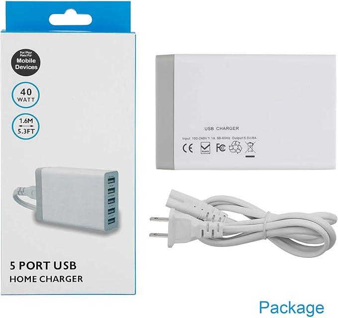 Pezin & Hulin 5 Port USB Wall Charger, 45W, Compatible with Tablet, Phone, Cell Devices