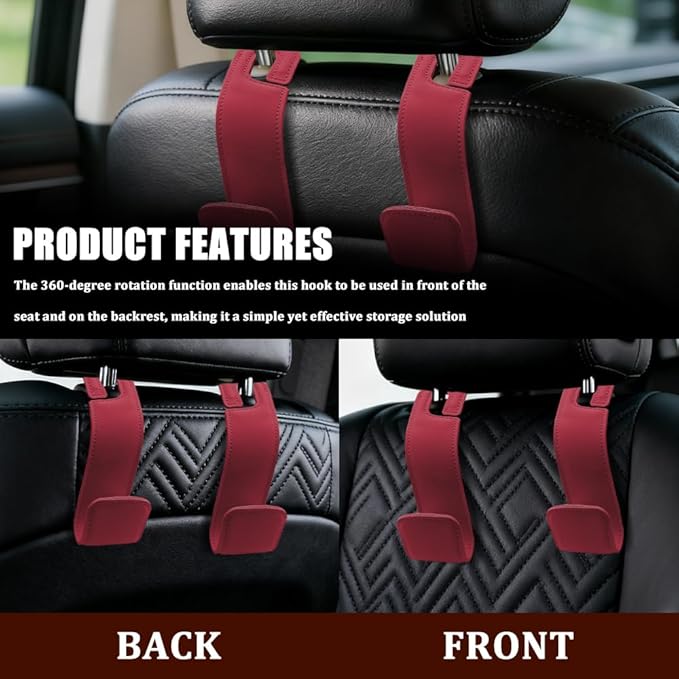 Car Seat Headrest Hooks, Purse Hook for Car, Automotive Headrest Handbags Holder, Auto Accessories Leather Seatback Organizer Hanger for Hanging Purses Bags Coats (Red, 1PCS)