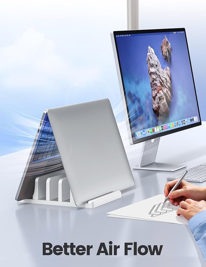 Vaydeer 3-Slot Vertical Laptop Stand Made of Premium ABS Plastics 5 in 1 Design Space-Saving Adjustable Desk Organizer for All MacBook/Chromebook/Surface (White)