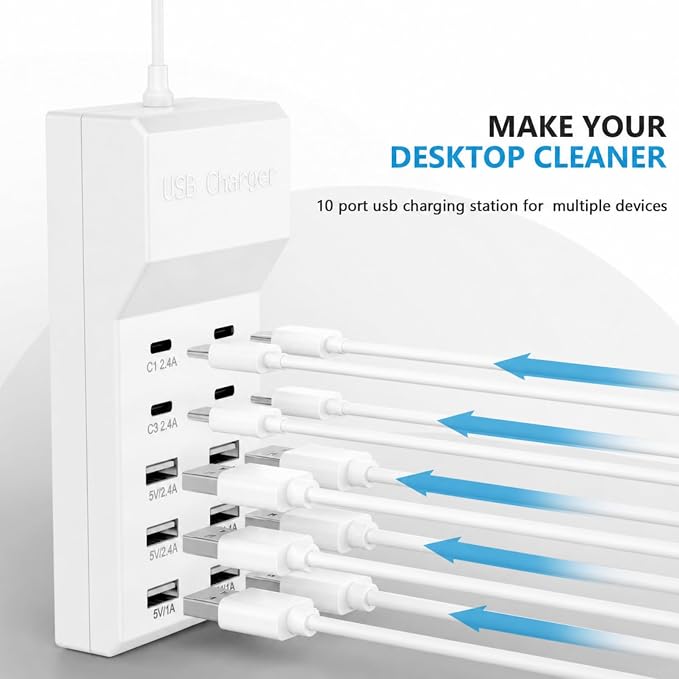 USB Charging Station, 4 USB-C and 6 USB-A Ports USB Charging Block, USB Power Strip for Multiple Devices