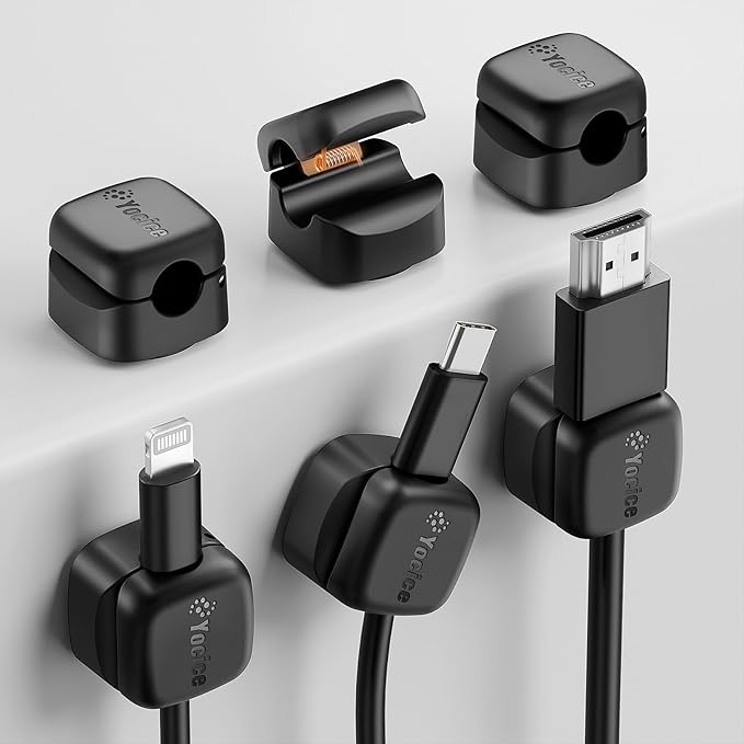 6Pack Rotatable Cord Organizer,Spring Cable Clips Desk Cable Management Cord Holder Adhesive Phone Charger Cord Clips for Home Office Car wall Nightstand Accessories, Black