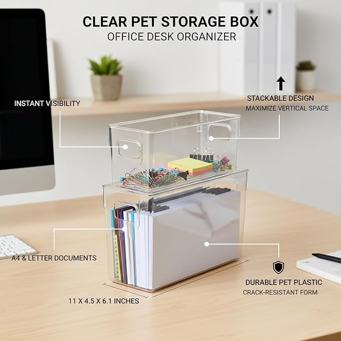 Clear PET Storage Box for Office Desk, Stackable Organizer Bin for A4 Documents and Supplies