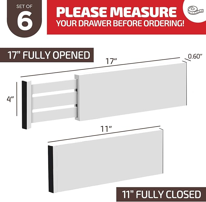 6-Pack Drawer Dividers 4 Inch High, 11??17" Adjustable Bamboo Organizers Large Expandable Drawer Separators for Cloths, Dresser, Bedroom, Bathroom, Baby Drawer, Office & Kitchen Utensils (White)