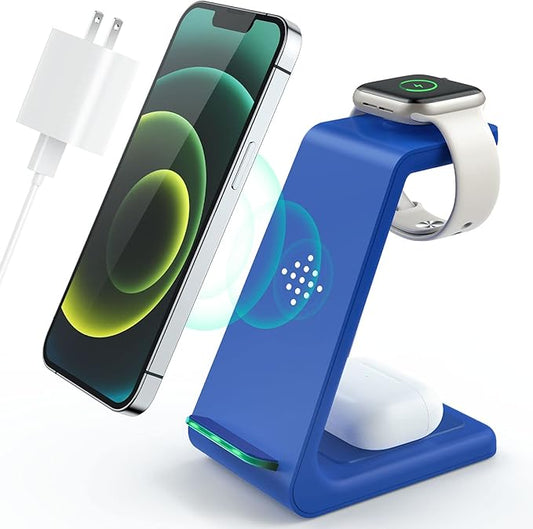 3 in 1 Wireless Charging Station, 2026 Upgraded Fast Desk Charger Station for iPhone 17 16 15 14 13 12 Pro Max Plus, Charger Stand for Apple Watch 10 9 8 7 6 5 4 3 2 SE, Airpods 4 3 2 Pro(Blue)