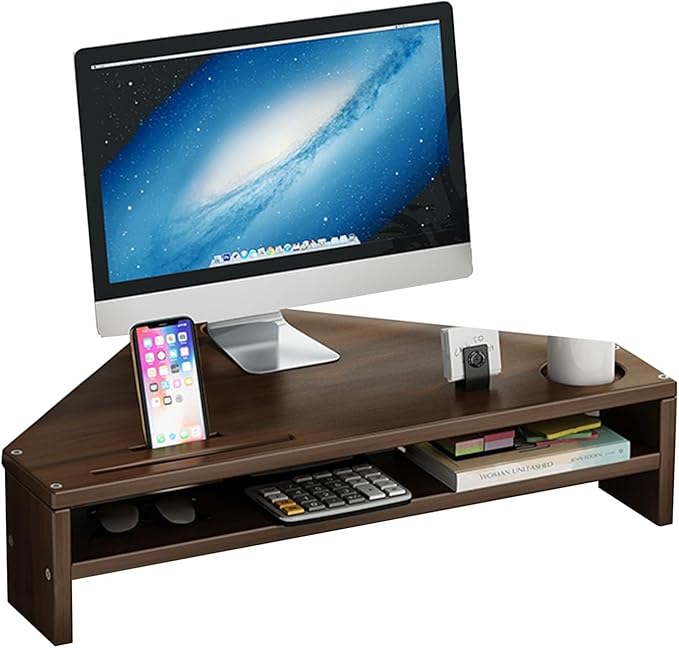 YANBI Corner Monitor Stand Office Triangle Tabletop Monitor Riser, Double-Layer Wood Corner Monitor Stand Screen Holder, Universal Computer Stand Riser with Storage (Color : Brown)