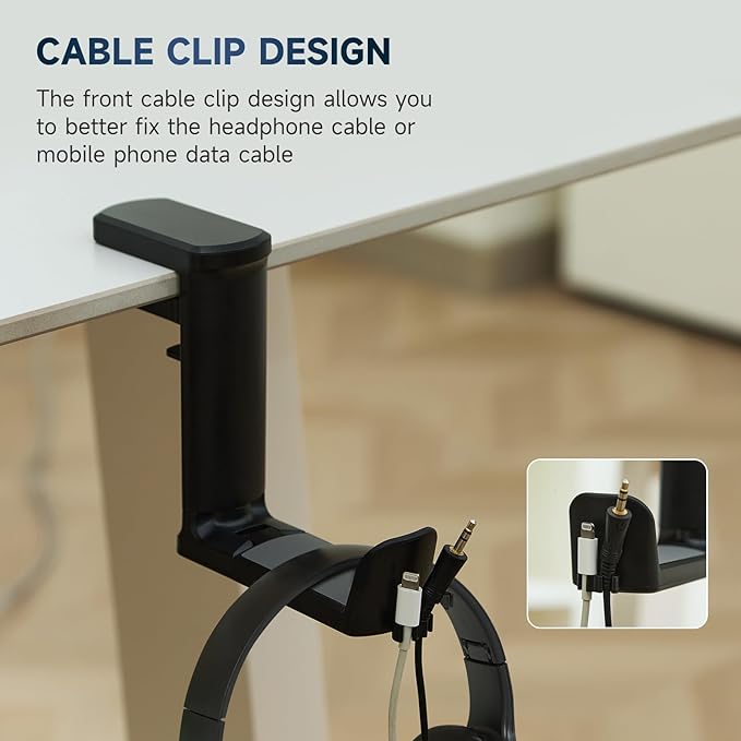 PC Gaming Headset Holder, Upgraded Headphone Stand for Desk,Adjustable Clamp-on Under Desk Hanger, Rotating Headphone Stand & Cable Clip Organizer (Black)