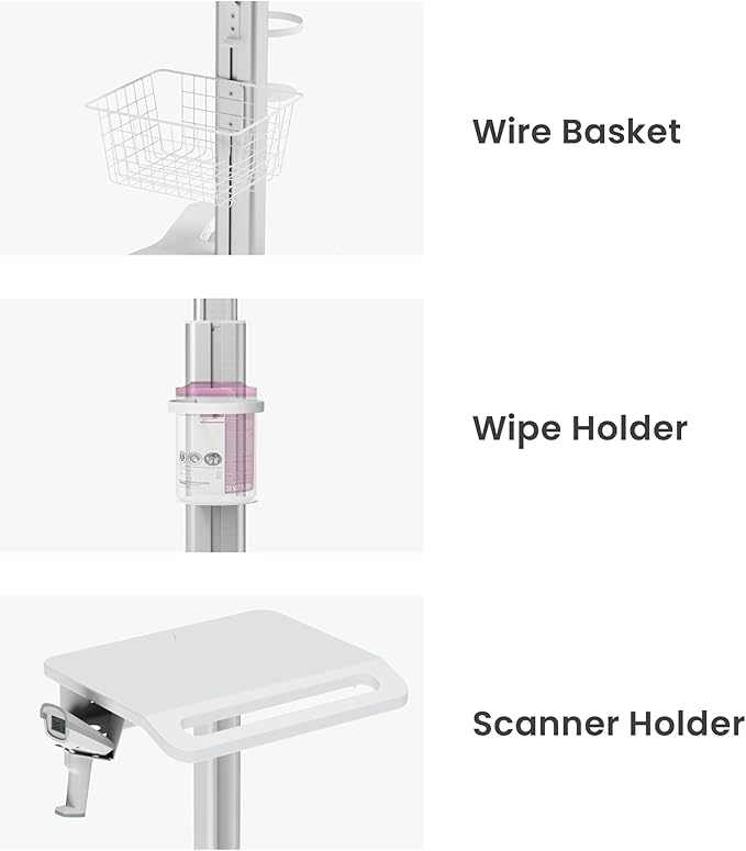 Mount Plus MB-C10 Medical Trolley Cart For Monitor Desktop With Keyboard Table, Basket, Wipe Holder, Scanner Holder For Hospital Clinic Dental Office Home Office | Height Adjustable Mobile Workstation