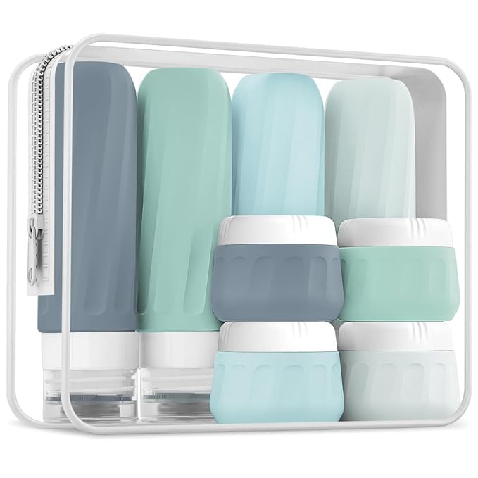 Mrsdry Travel Bottles for Toiletries 8 Pack, Travel Size Toiletries, Tsa Approved Travel Size Containers 3oz, with Travel Essentials Clear Bag, Leak Proof Silicone Squeezable Creams Jars
