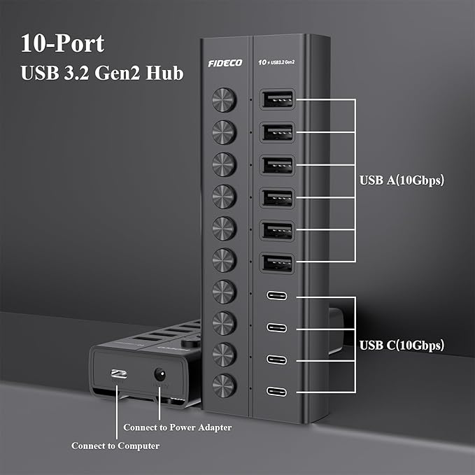 FIDECO 60W Powered USB Hub for Laptop and PC, 10-Port 10Gbps USB Splitter with 12V 5A Power Adapter, Aluminum USB 3.2 Gen 2 Multiport Adapter, 6 USB-A and 4 USB-C Ports, Support BC1.2 Charging (Black)