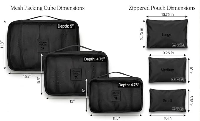 GForce 6 Piece Ultimate Traveling Set | Organizer Packing Cubes | 3 Sizes | Zippered Pouches | 3 Sizes | Suitcase Organizers | Luggage Organizers | Travel Essentials | Black