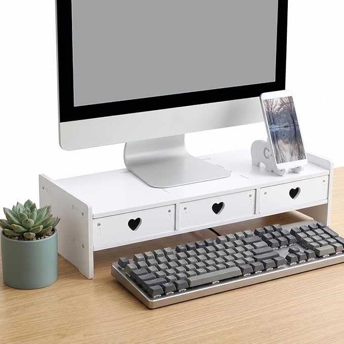 Computer Monitor Stand Riser with 3 Drawers - No Assembly White Desk Organizer & Laptop Shelf - Waterproof Desktop Storage for Home Office, School Dorm & Vanity - 3-Tier Space-Saving Design