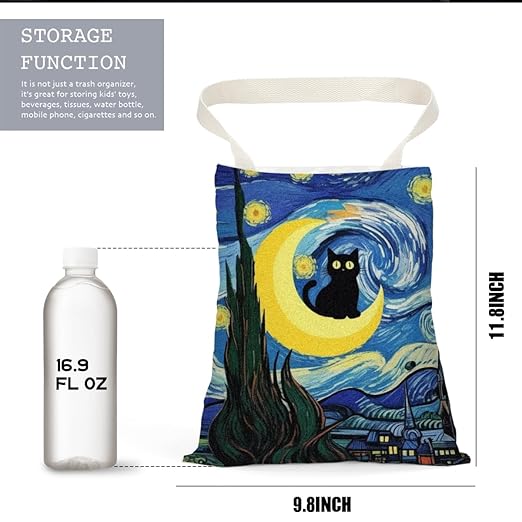 Black Cat Car Trash Bag, Car Trash Bag Hanging, Waterproof Cars Back Seat Hanging Organizer and Storage Trash Bags for Vehicle Travelling Camping Moon Decor