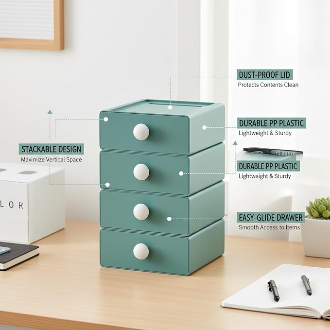 Stackable Desktop Storage Box with Lid, PP Plastic Organizer Bin for Office Desk Clutter, Space Saving File & Supply Container