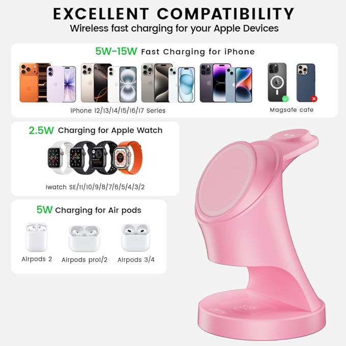 3 in 1 Wireless Charging Station for Apple Devices,Magsafe Charger for IPhone17 16 15 14 13 12 Pro/Max/Plus/Mini Wireless Charger Station for AirPods 2/3/4/Pro iWatch Ultra11/10/9/8/7/SE/6/5/4/3/2