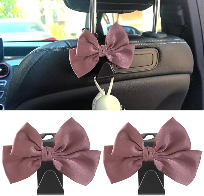 2 Pack Car Seat Headrest Hook, Auto Seat Hook Hangers Storage Organizer Interior Accessories for Handbag Clothes Coats Grocery Bags (Leather pink)