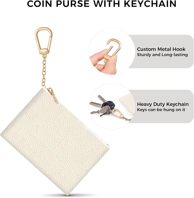 Beige White Keychain Coin Purse for Women, Small PU Leather Change Pouch, Zipper Little Tiny Travel Wallet for Girls, Cute Kawaii Zip Pocket Coin Holder with Key Ring