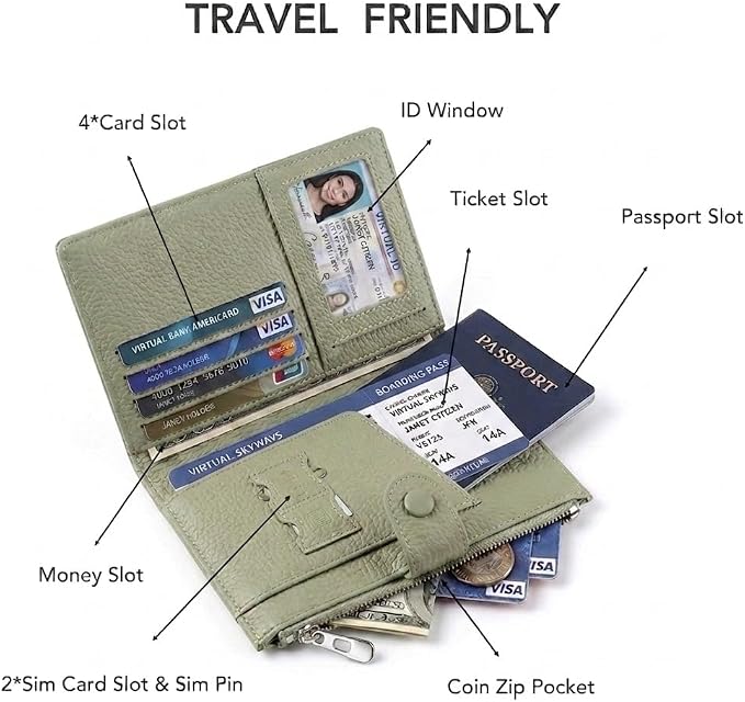 Genuine Leather Passport Holder for Women, RFID Blocking Compact Travel Wallet with Card Slots, Zipper Coin Pocket and SIM Slots, Slim Passport Cover Case, Green