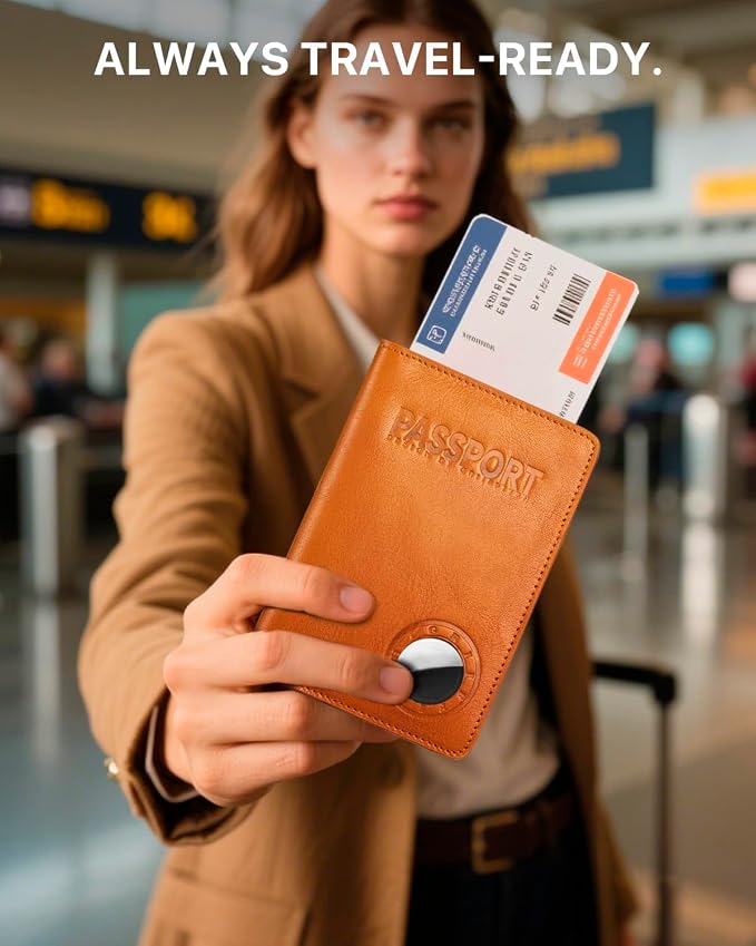 Passport Holder for Travel, Genuine Leather Passport Holder with AirTag Slot, RFID Passport Cover for Airport Essentials, Travel Wallet, Travel Must Haves Gifts