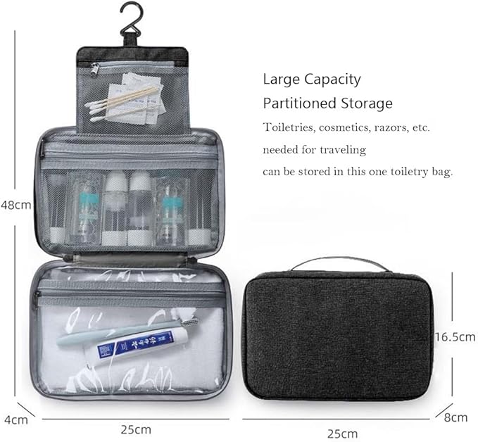 Toiletry Bag with Hanging Hook for Men Women, Travel Toiletries Cosmetic Bag Foldable Storage Bag for Brushes Set Waterproof for Bathroom Shower Small Size Kit Shaving Bag Make up Bag-Black