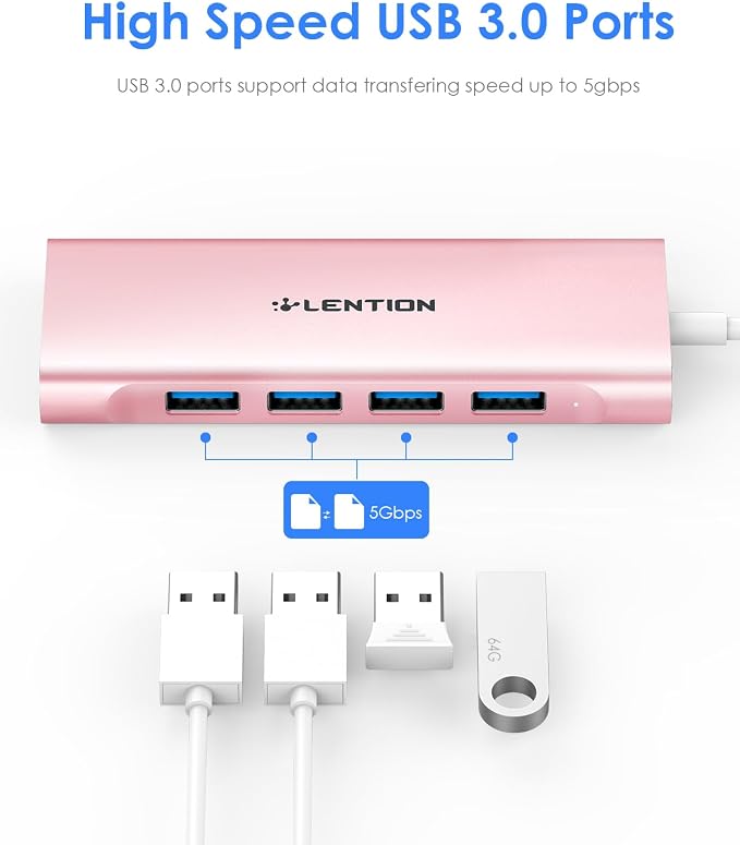 LENTION 5-in-1 USB-C Hub, 4 USB3.0, 60W Charging, Multiport Adapter | Ideal for Work & Study, Stable Driver 3.0 Certified, Compatible with macOS, iOS/iPadOS, Windows & ChromeOS (C31, Rose Gold)