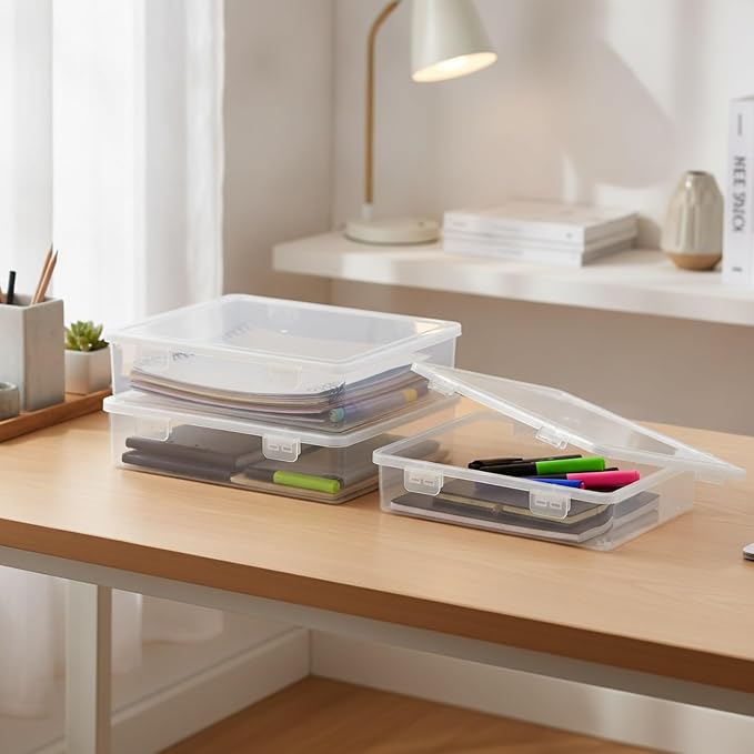 1 Pack Desktop Storage Box with Lid, Slim PP Plastic Organizer for A4 Papers and Office Supplies, Stackable Drawer Tray