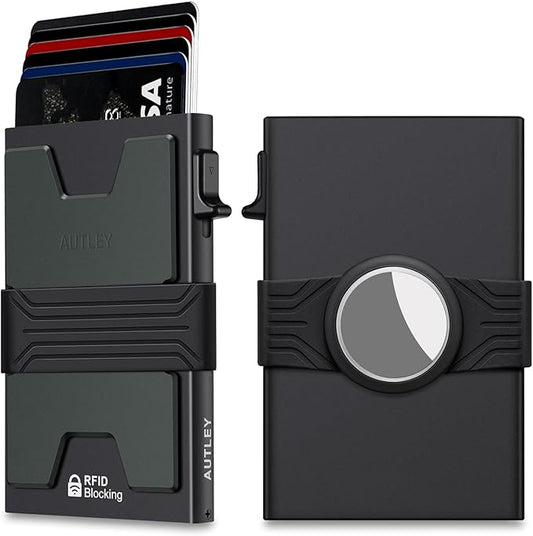 AUTLEY Airtag Wallet for Men, Slim Wallet with Airtag Holder, Aluminum RFID Blocking Pop Up Card Wallet with Cash Band (Black)