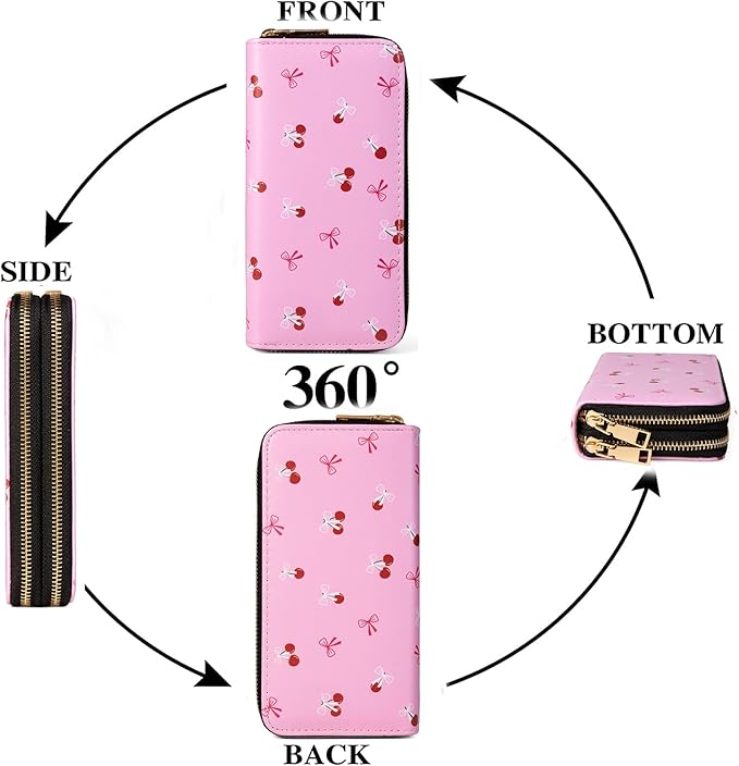 Cherry Wallets for Women Large Capacity 2 Zipper Fruit Ladies Purse Bow Credit Card Holder Pink
