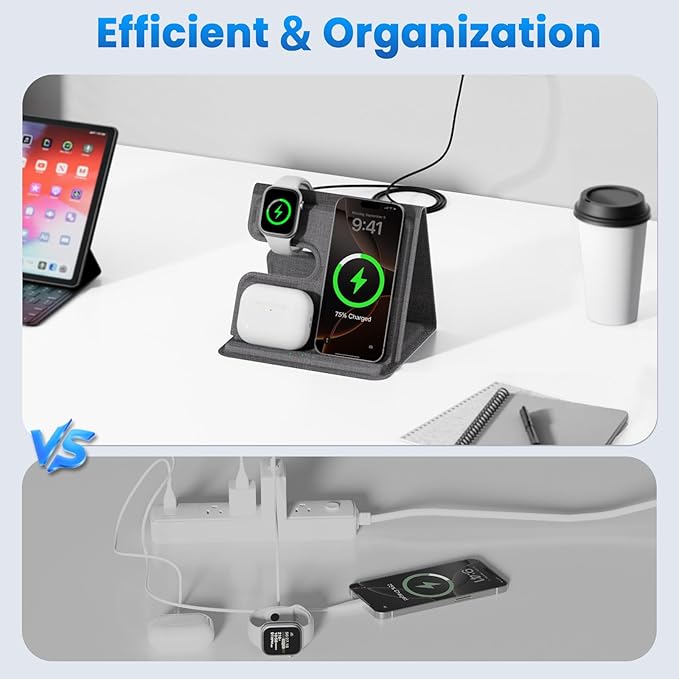 Wireless Charger iPhone, Fast Charging Station for Apple Watch, 3 in 1 Portable Charge Stand for Samsung Galaxy S24/S25 iWatch iPhone 16 15 14 13 12 Pro Max AirPods