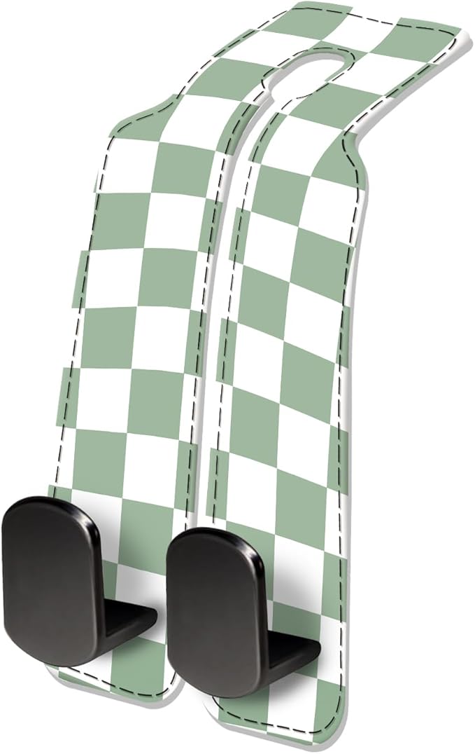 Car Seat Headrest Hook, Universal Leather Cute Hanger Holder Hook, Storage Organizer Interior Accessories for Purse Bags Handbag Green Plaid