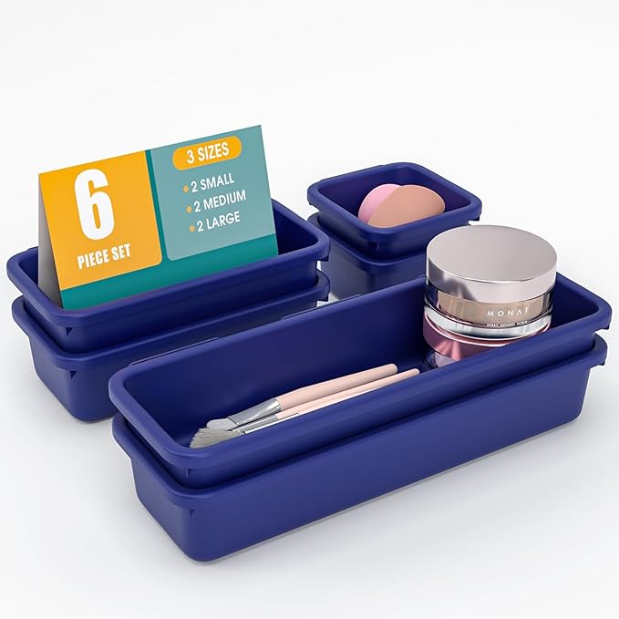 6 PCS Drawer Organizer Set, 3 Size Makeup Drawer Divider Organizer With Non-Slip Pads, Interlocking Plastic Storage Bins for Office,Jewelry Vanity,Gadgets, Bathroom,Kitchen, Navy