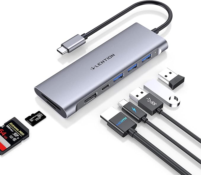 LENTION 7-in-1 USB C Multiport Hub with 4K HDMI, 100W PD, 3 USB 3.0 Ports, SD/MicroSD Card Reader Compatible MacBook Pro/Air/Neo 2016-2026 Stable Driver Adapter (C36B, Space Gray)