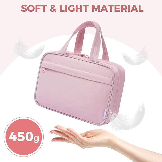 Toiletry Bag for Women, Portable Hanging Organizer, 4 Leakproof Compartments for Full-Sized Conditioners, Brush Sets, Makeup Accessories, Visible and Easy to Access, L, pink
