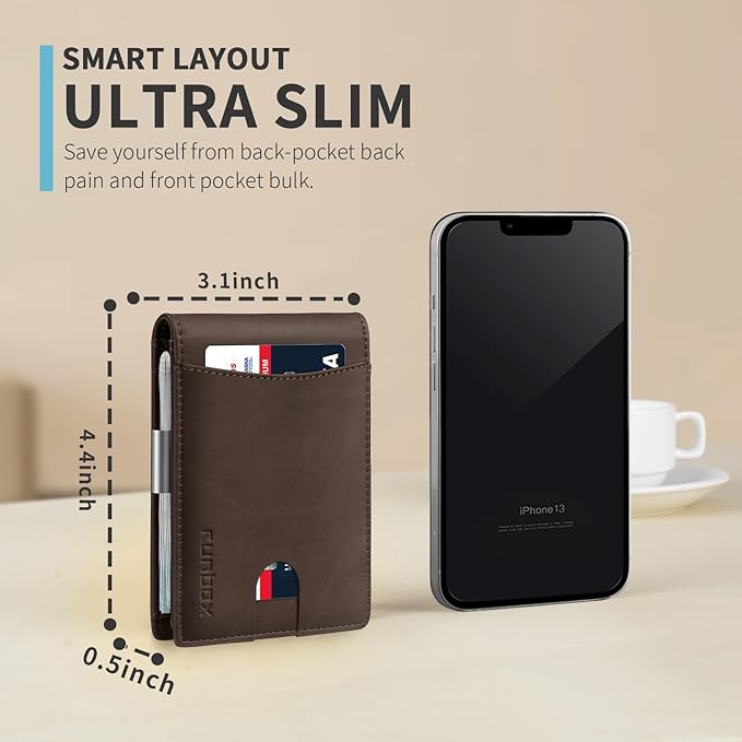 RUNBOX Slim Money Clip Wallets for Men RFID Blocking 11 Card Holder Minimalist Small Leather Bifold Men's Front Pocket Wallet Gift Box